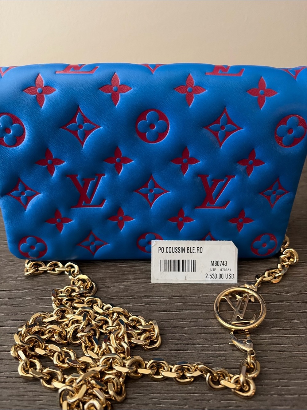 Louis Vuitton Blue & Red Monogram Coussin Pochette with Gold Chain